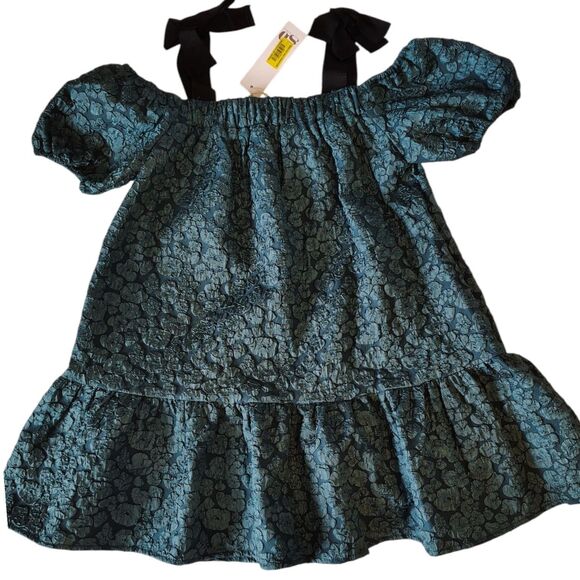 Dark Teal Raised Textured Floral Girls Oversized Party Dress NWT Size S - Picture 1 of 10